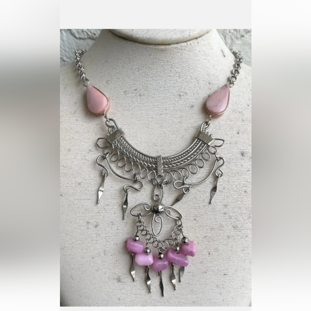 Pink Peruvian opal,alpaca siver,synthetic kunzite delicate necklace!